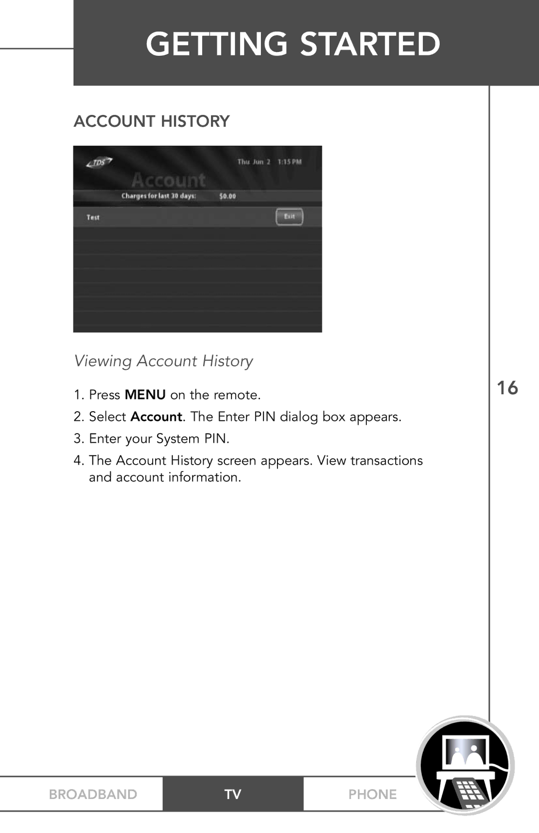 TV Guide On Screen PHONEBROADBAND TV manual Viewing Account History 