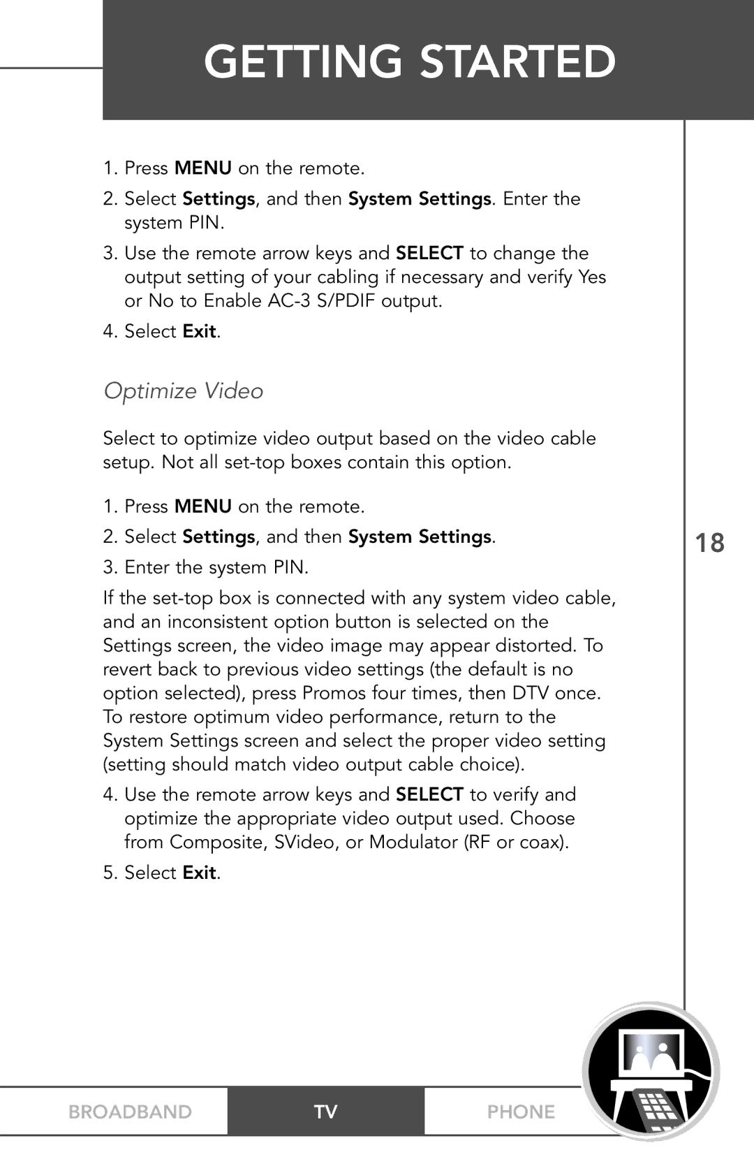 TV Guide On Screen PHONEBROADBAND TV manual Optimize Video 