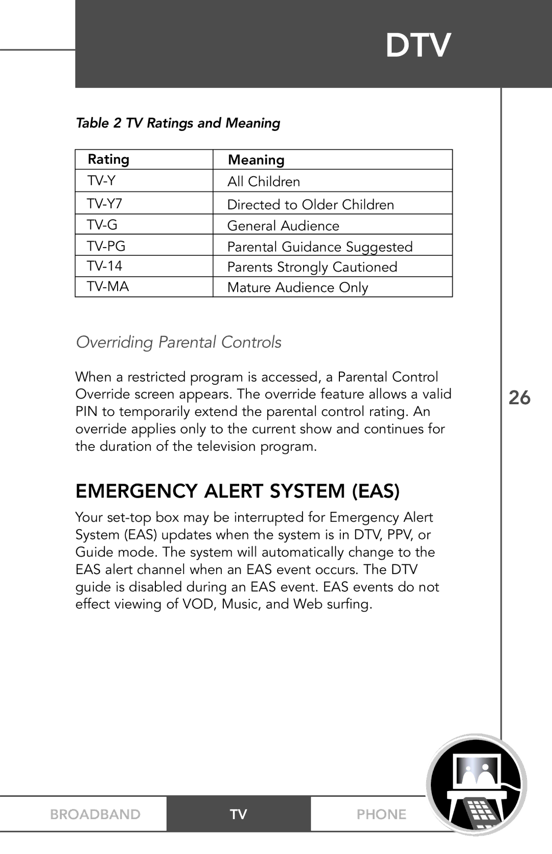 TV Guide On Screen PHONEBROADBAND TV manual Emergency Alert System EAS, Overriding Parental Controls 