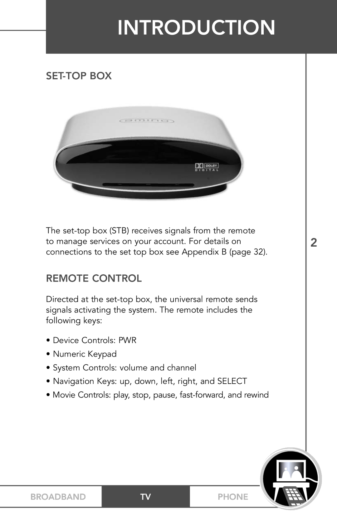 TV Guide On Screen PHONEBROADBAND TV manual Set-Top Box, Remote Control 