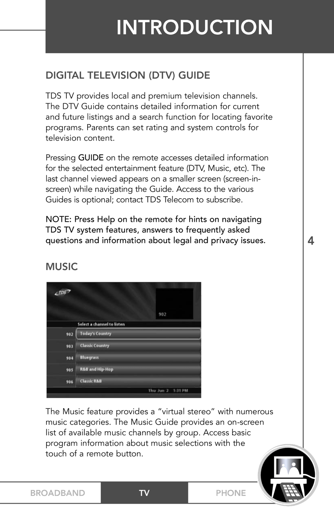 TV Guide On Screen PHONEBROADBAND TV manual Digital Television DTV Guide, Music 