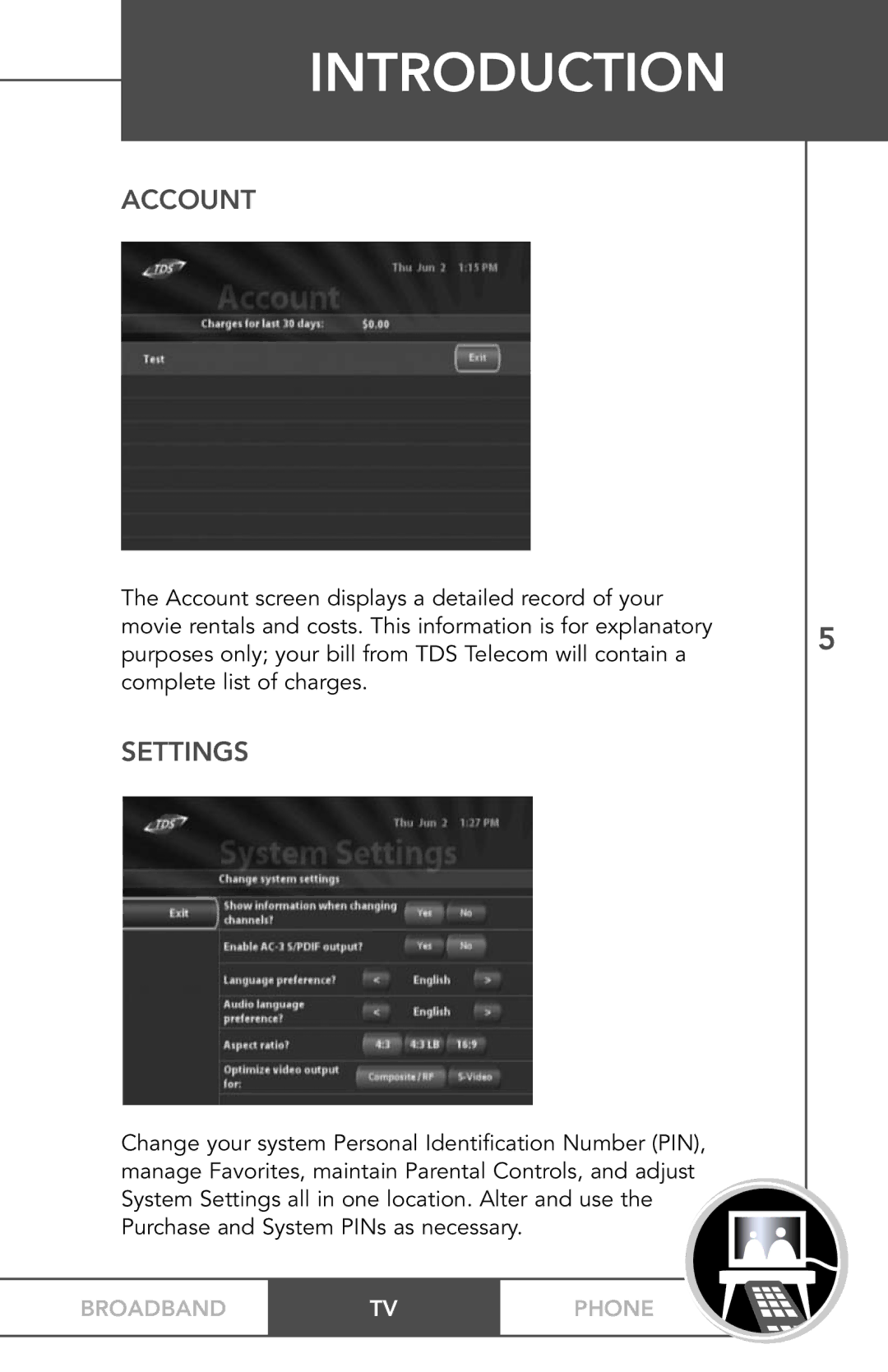 TV Guide On Screen PHONEBROADBAND TV manual Account, Settings 