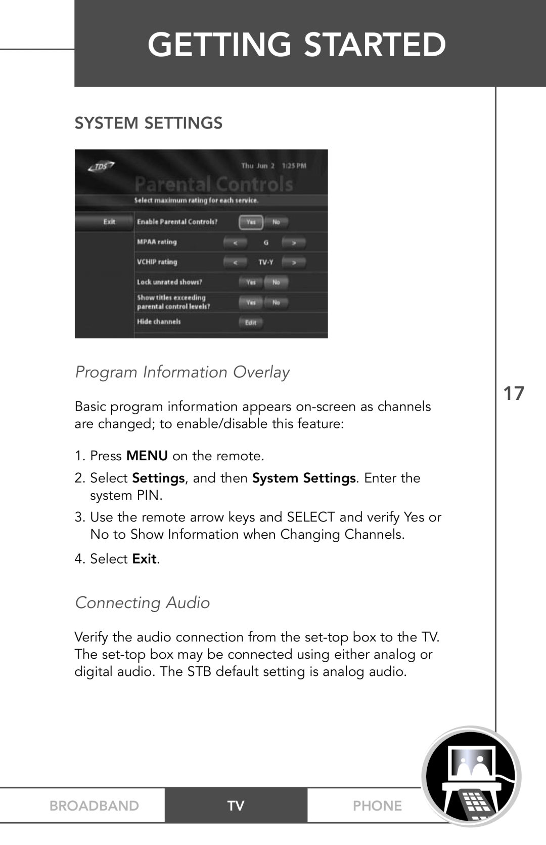 TV Guide On Screen PHONEBROADBAND TV manual System Settings, Program Information Overlay, Connecting Audio, Getting Started 