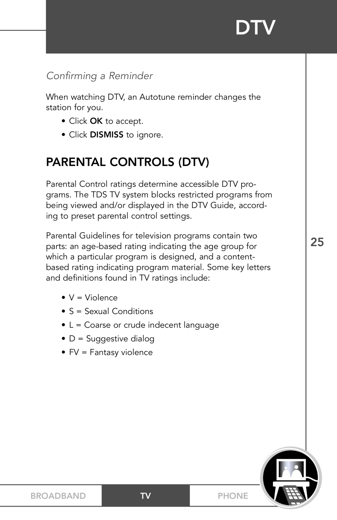 TV Guide On Screen PHONEBROADBAND TV manual Parental Controls Dtv, Confirming a Reminder, Broadband, Phone 