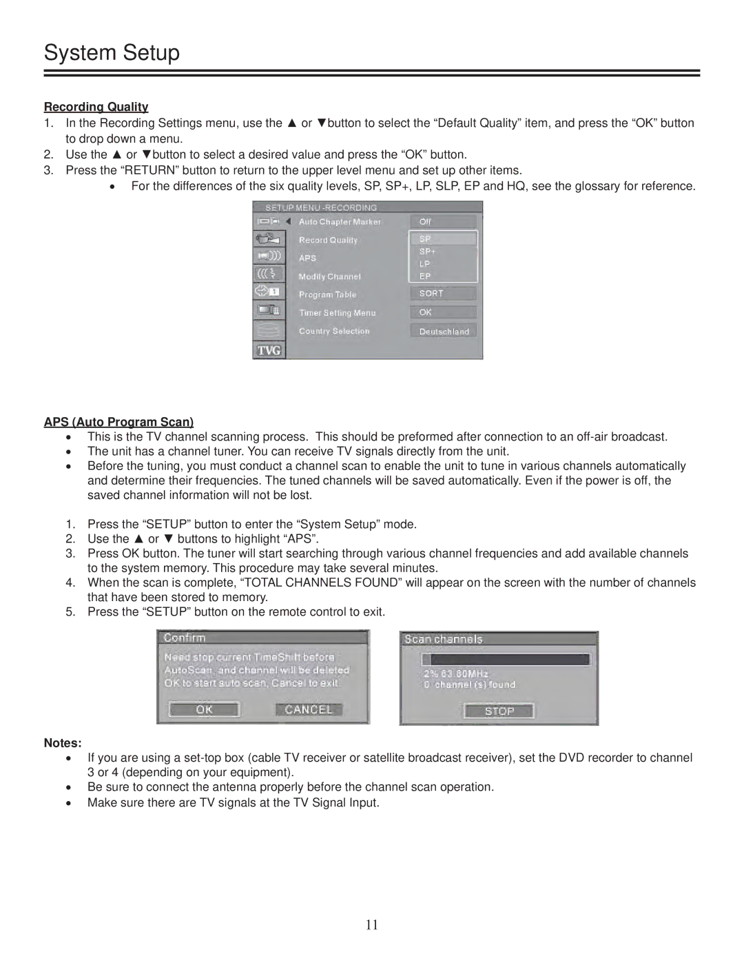 TVGuardian DRM-2001G manual Recording Quality, APS Auto Program Scan 