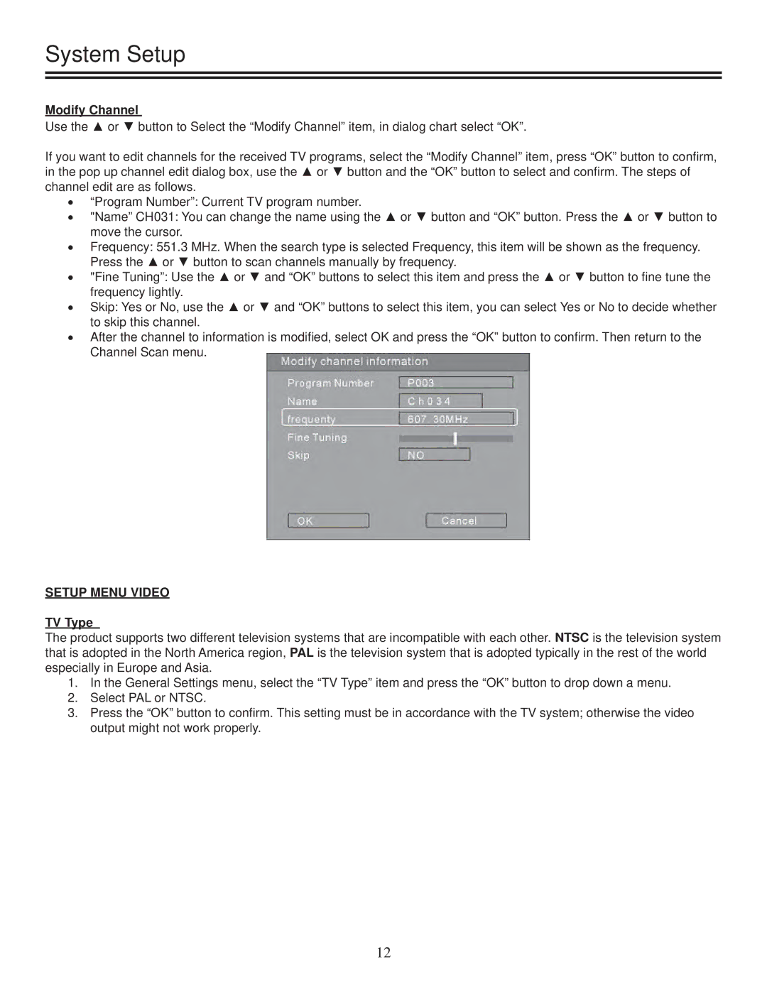 TVGuardian DRM-2001G manual Modify Channel, Setup Menu Video, TV Type 