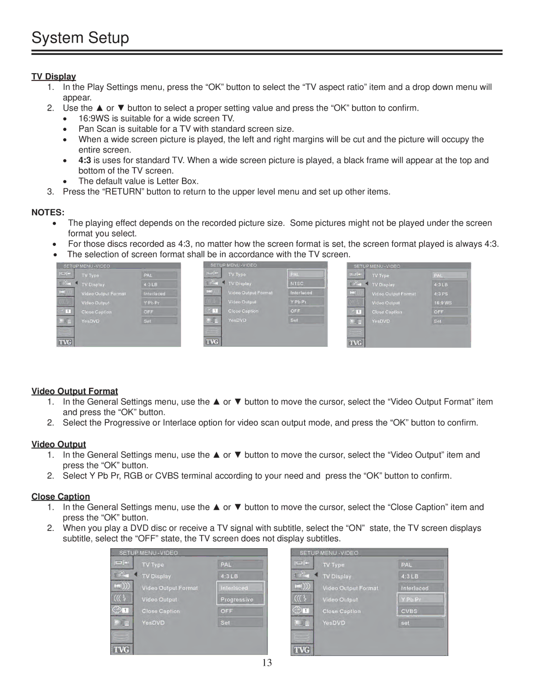 TVGuardian DRM-2001G manual TV Display, Video Output Format, Close Caption 