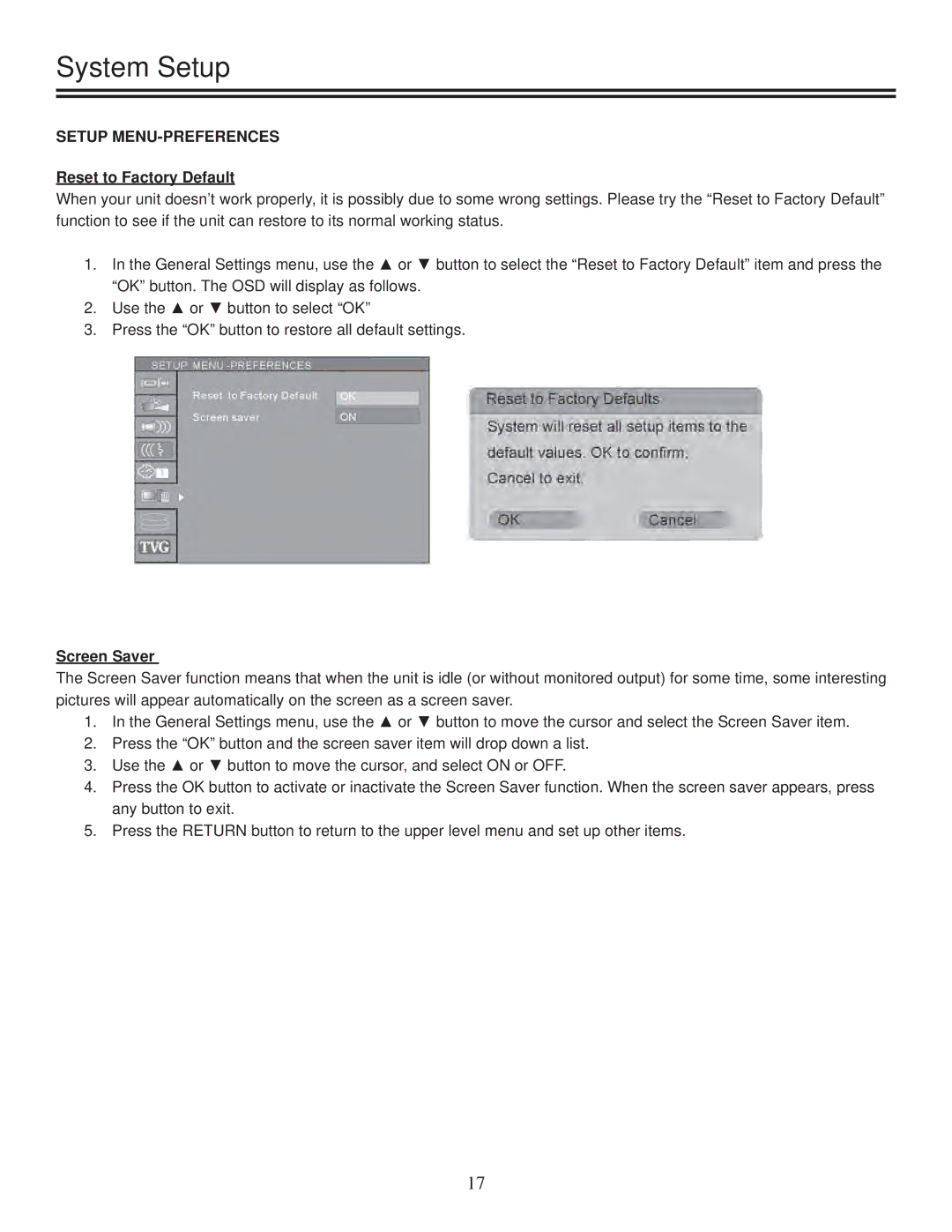 TVGuardian DRM-2001G manual Setup MENU-PREFERENCES, Reset to Factory Default, Screen Saver 