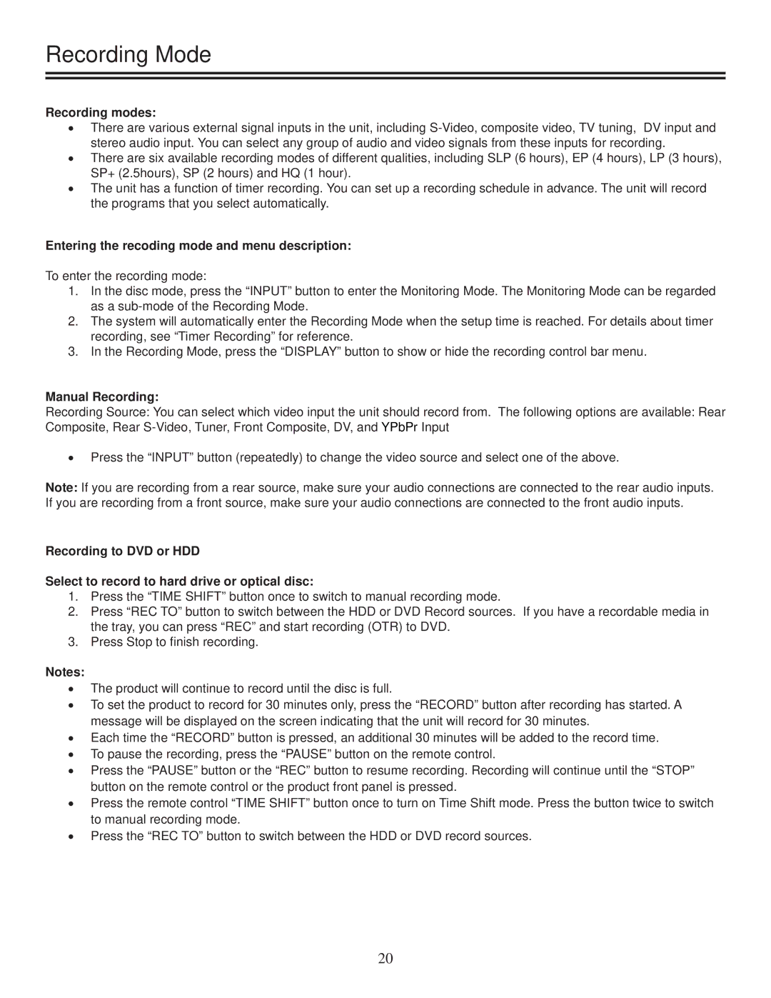 TVGuardian DRM-2001G Recording Mode, Recording modes, Entering the recoding mode and menu description, Manual Recording 