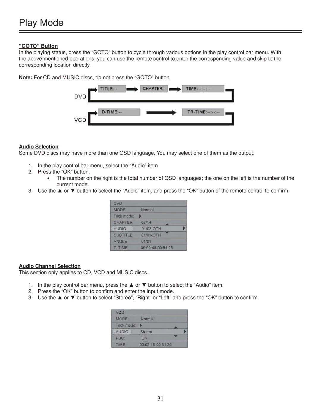 TVGuardian DRM-2001G manual Goto Button, Audio Selection, Audio Channel Selection 