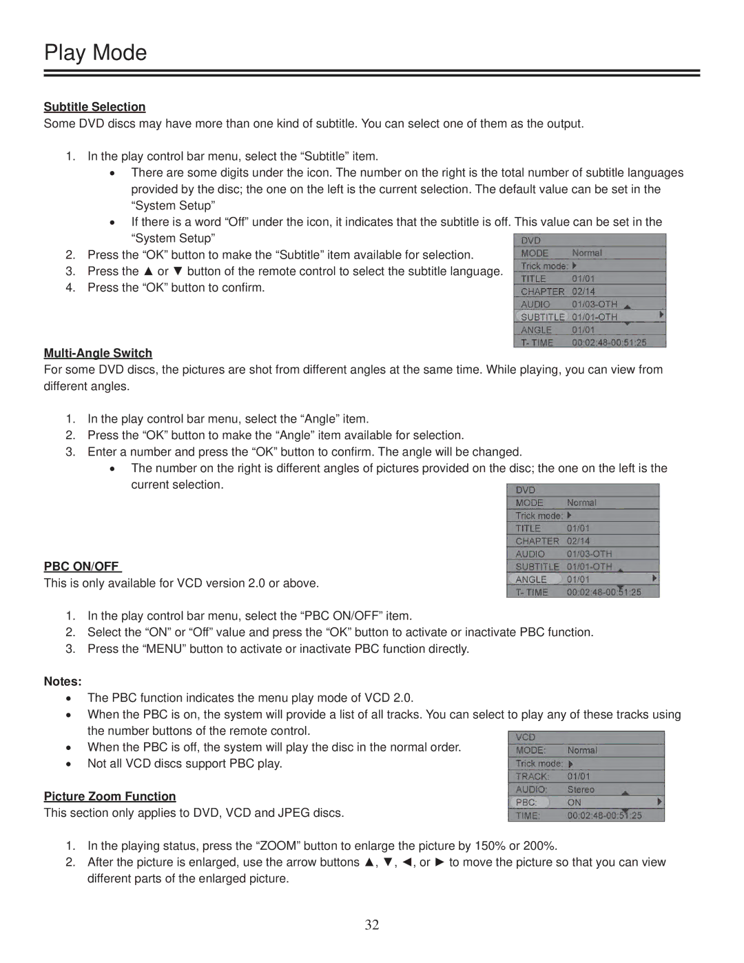 TVGuardian DRM-2001G manual Subtitle Selection, Multi-Angle Switch, Pbc On/Off, Picture Zoom Function 