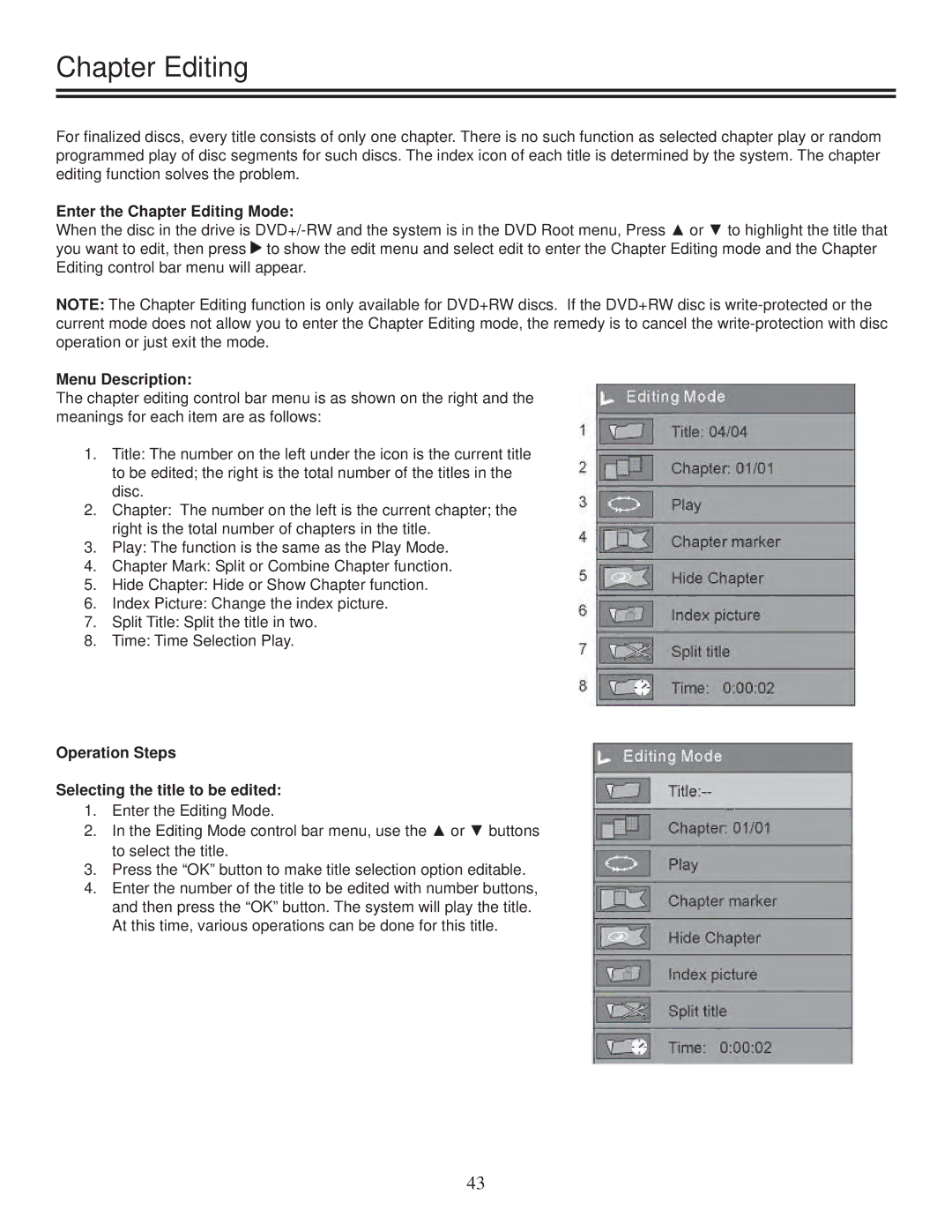 TVGuardian DRM-2001G manual Enter the Chapter Editing Mode, Operation Steps Selecting the title to be edited 