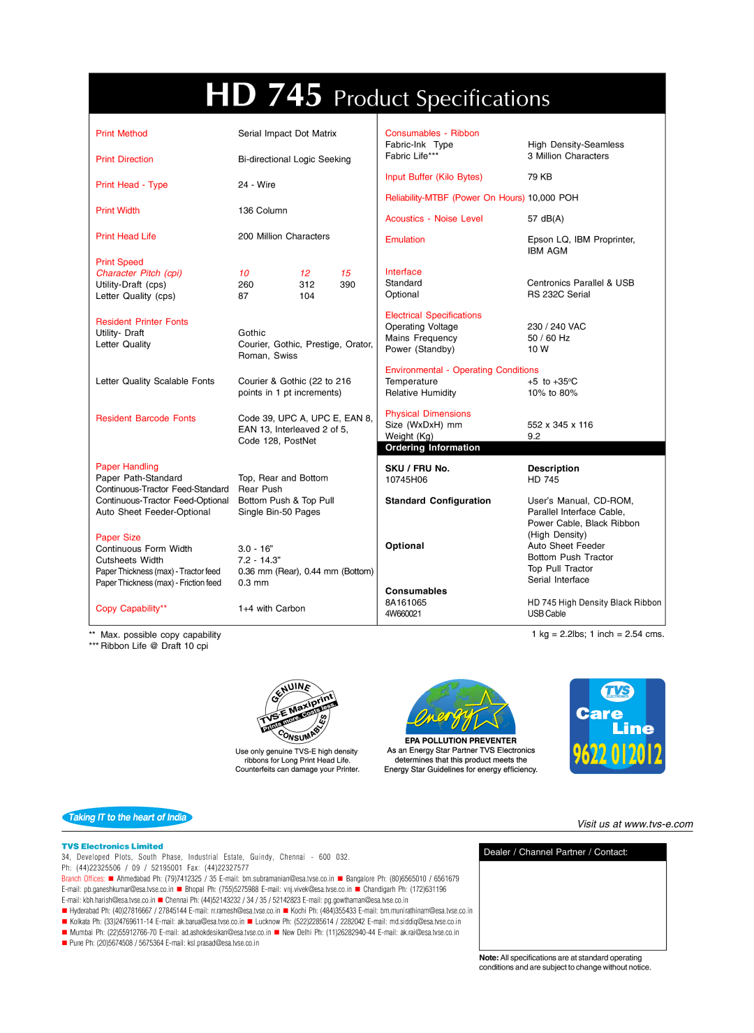 TVS electronic HD 745 manual #Product Specifications, Ibm Agm, Ordering Information, Dealer / Channel Partner / Contact 