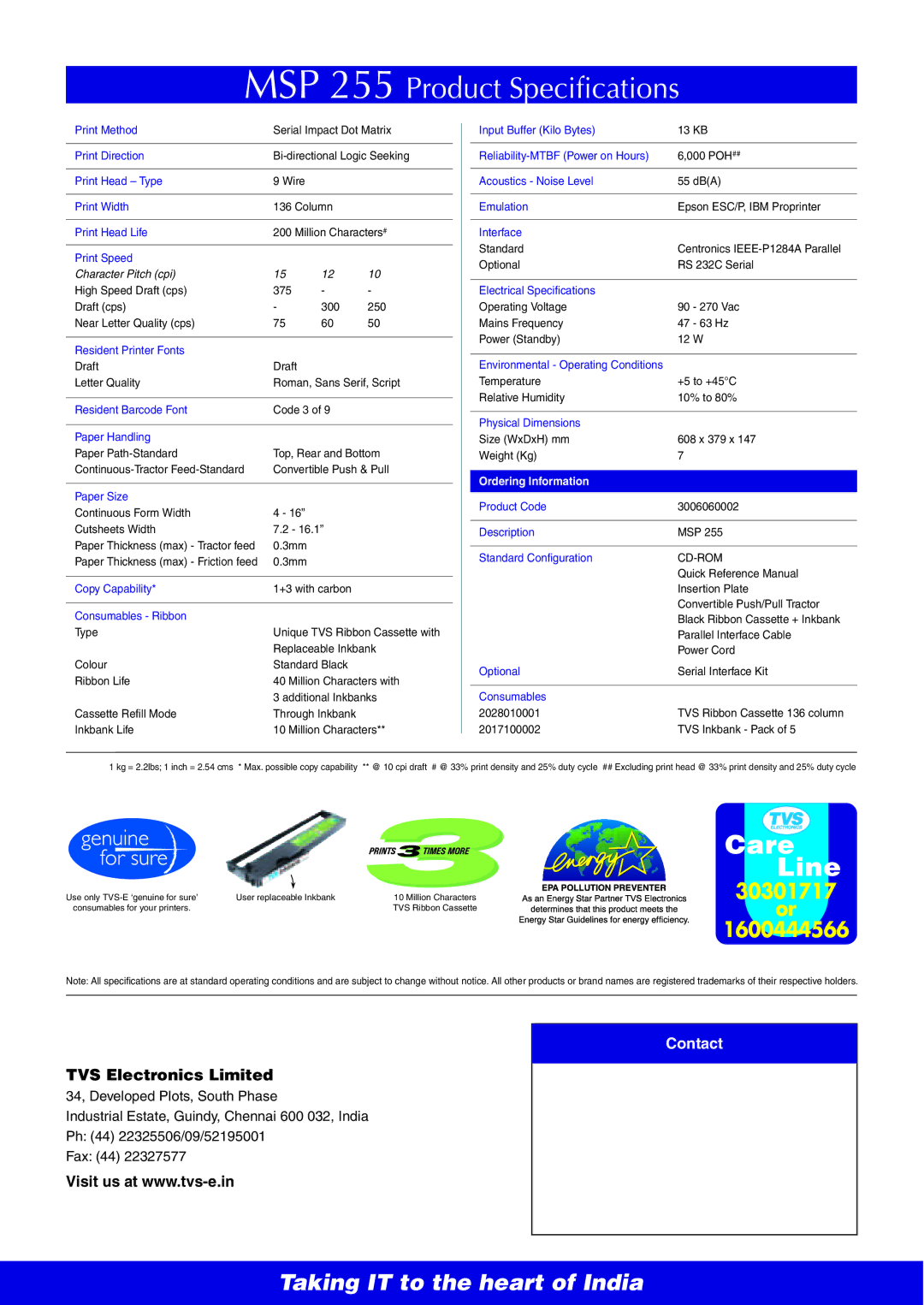 TVS electronic MSP 255 Print Method, Print Direction, Print Head Type, Print Width, Print Head Life, Print Speed, Optional 