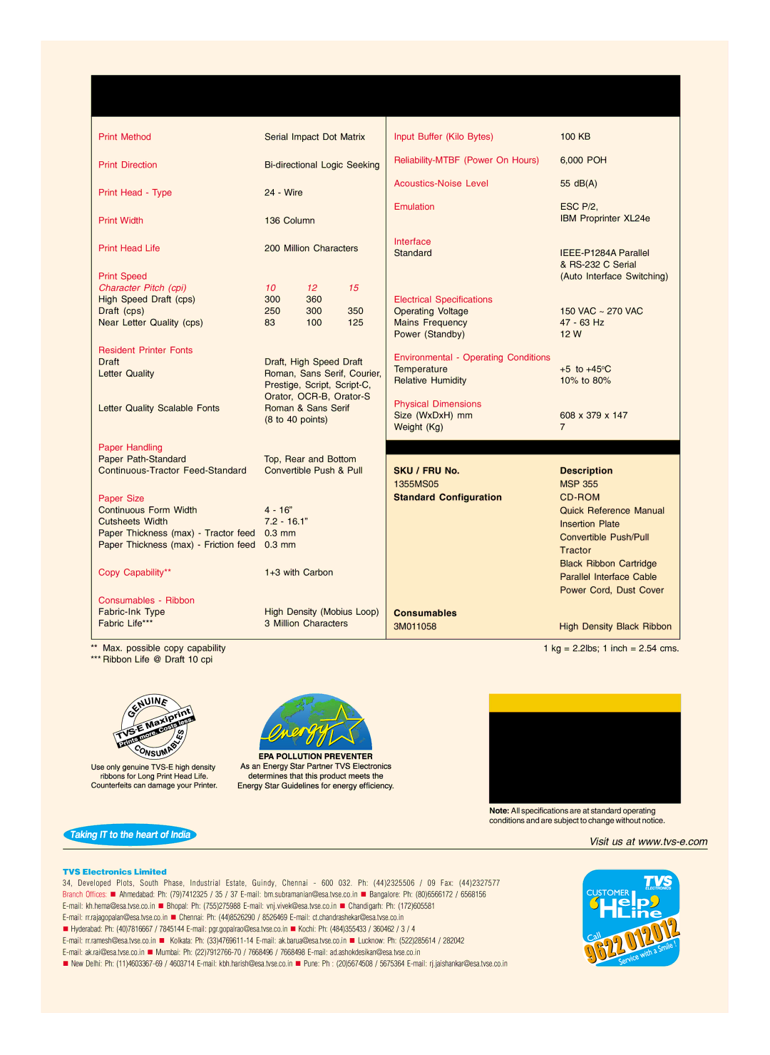 TVS electronic manual MSP 355 Product Specifications, Ordering Information, Cd-Rom, Dealer / Channel Partner / Contact 