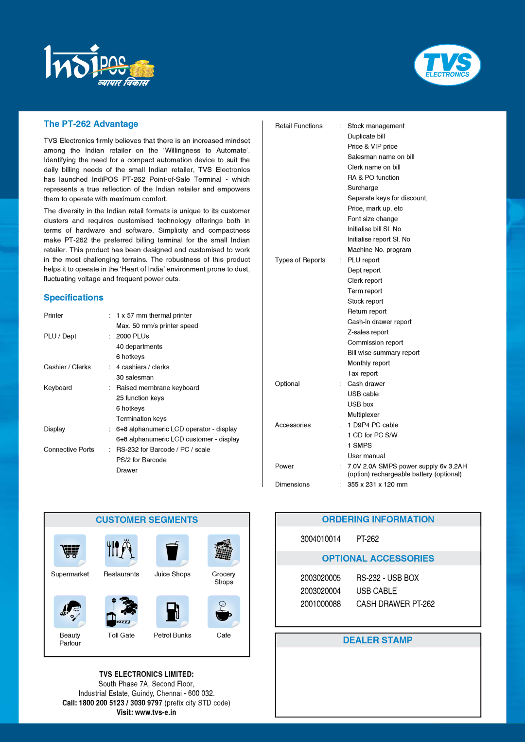 TVS electronic PT-262 manual Customer Segments, Ordering Information, Optional Accessories, Dealer Stamp 