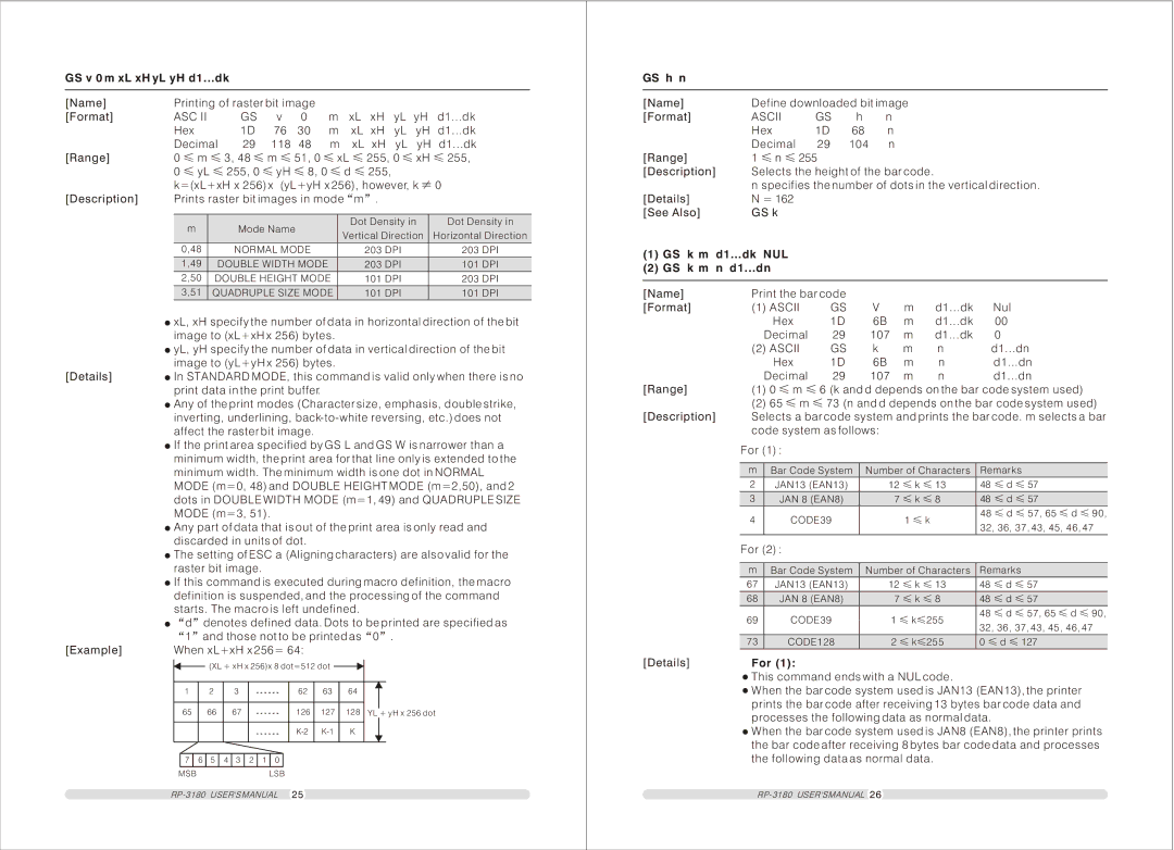 TVS electronic RP-3180 user manual GS v 0 m xL xH yL yH d1...dk, Asc, GS h n, GS k m d1...dk NUL GS k m n d1...dn, For 