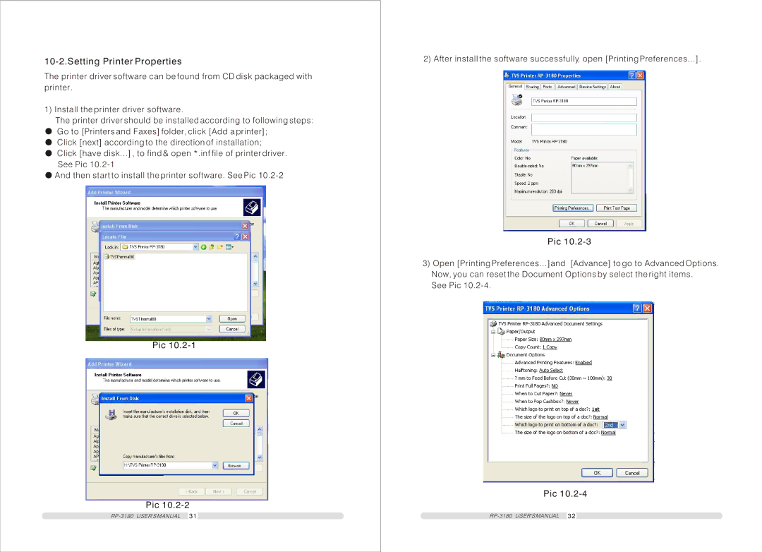 TVS electronic RP-3180 user manual Setting Printer Properties, Pic 
