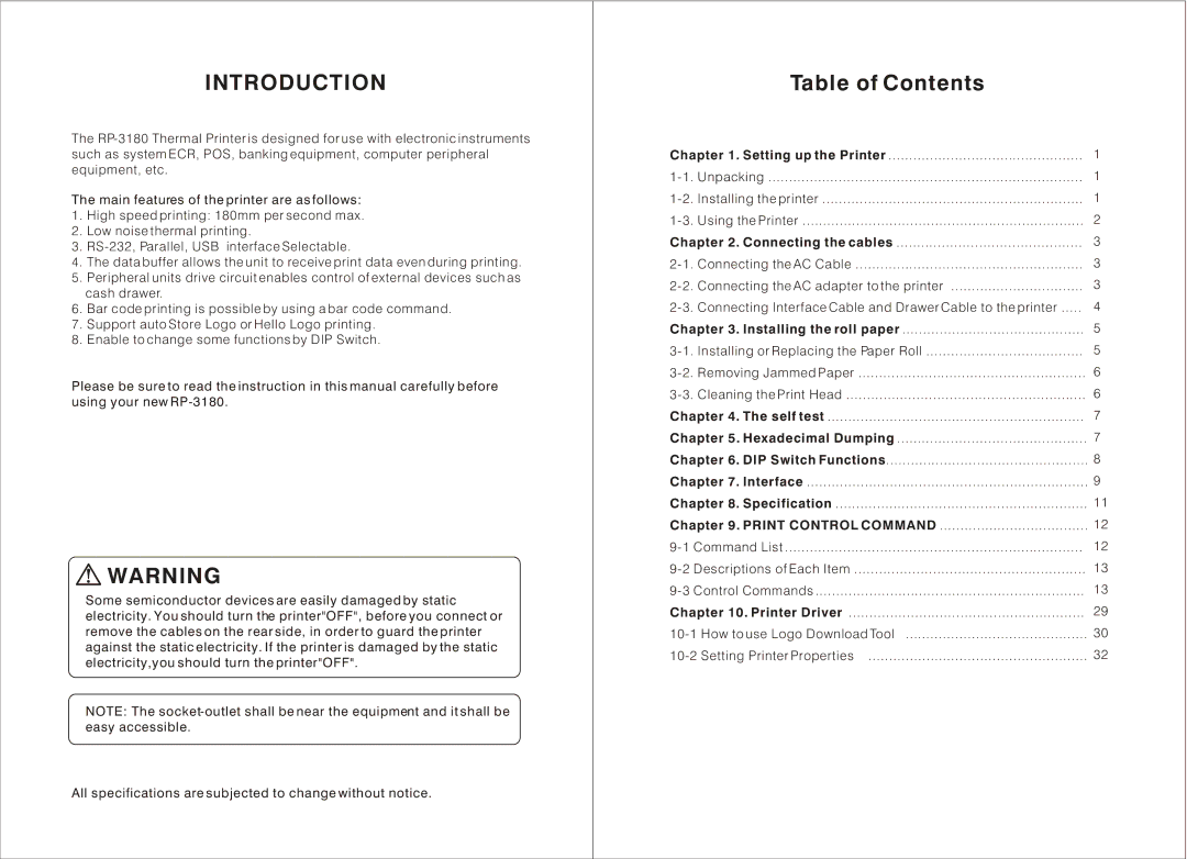 TVS electronic RP-3180 user manual Introduction, Table of Contents 