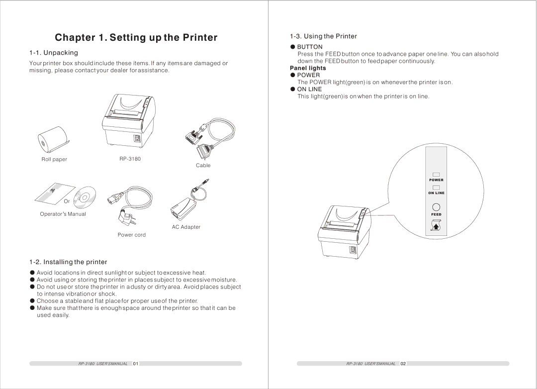 TVS electronic RP-3180 user manual Setting up the Printer, Unpacking, Installing the printer, Using the Printer 