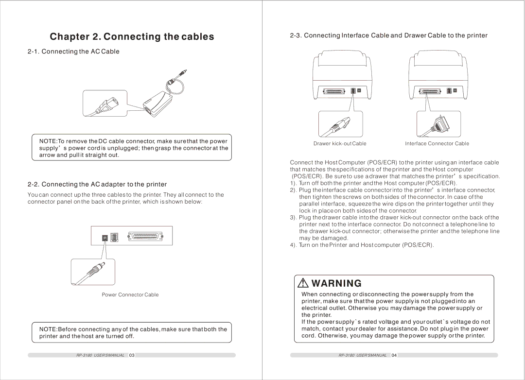 TVS electronic RP-3180 user manual Connecting the cables, Connecting Interface Cable and Drawer Cable to the printer 