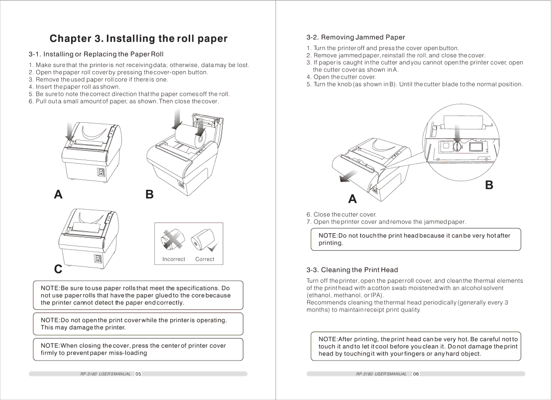 TVS electronic RP-3180 user manual Installing the roll paper, Installing or Replacing the Paper Roll, Removing Jammed Paper 