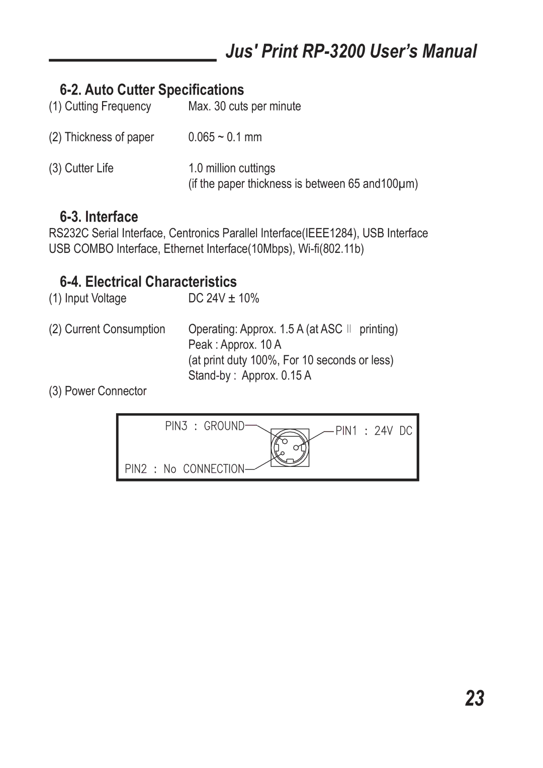 TVS electronic RP-3200 specifications Auto Cutter Speciﬁcations, Interface, Electrical Characteristics 