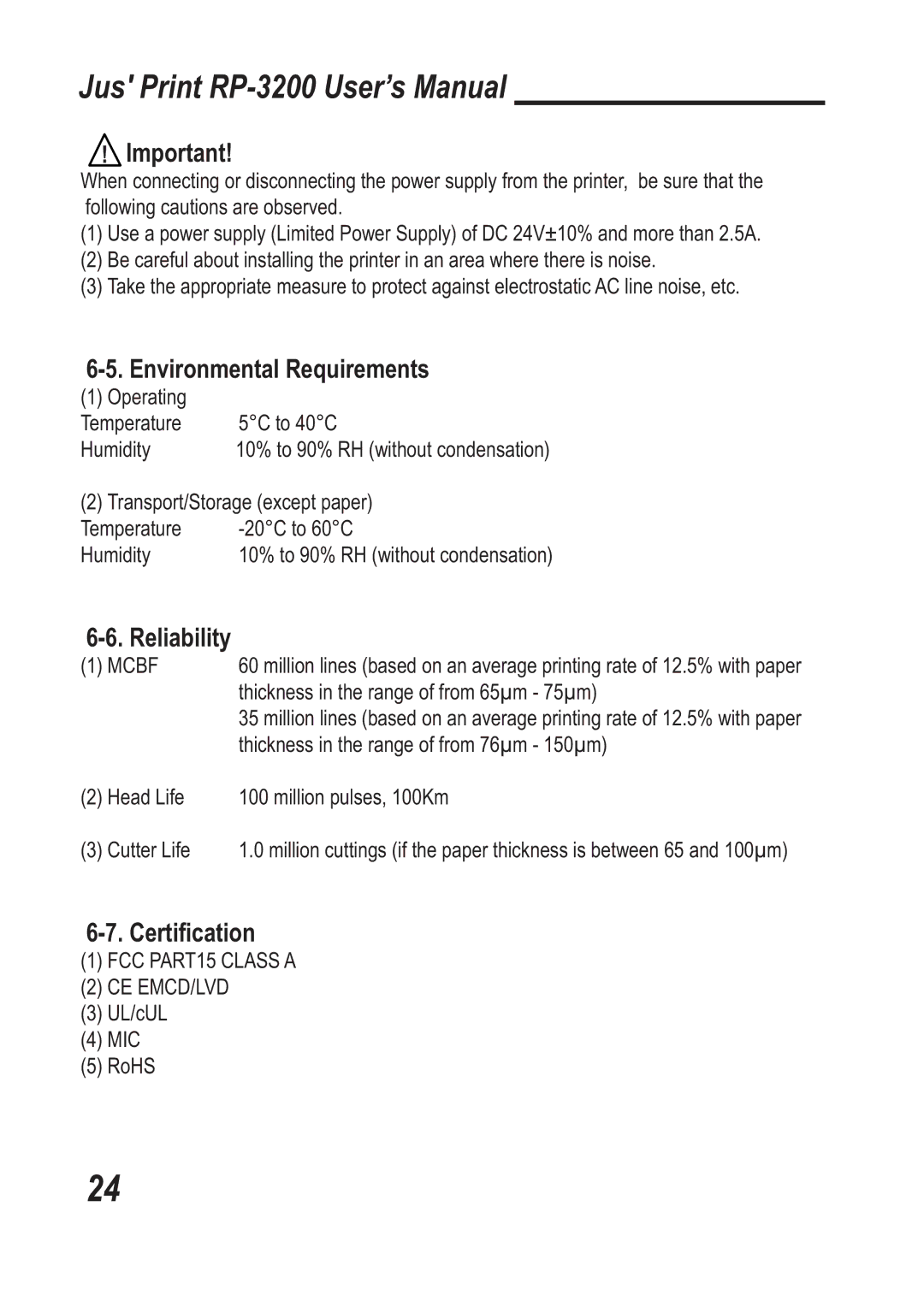 TVS electronic RP-3200 specifications Environmental Requirements, Reliability, Certiﬁcation 