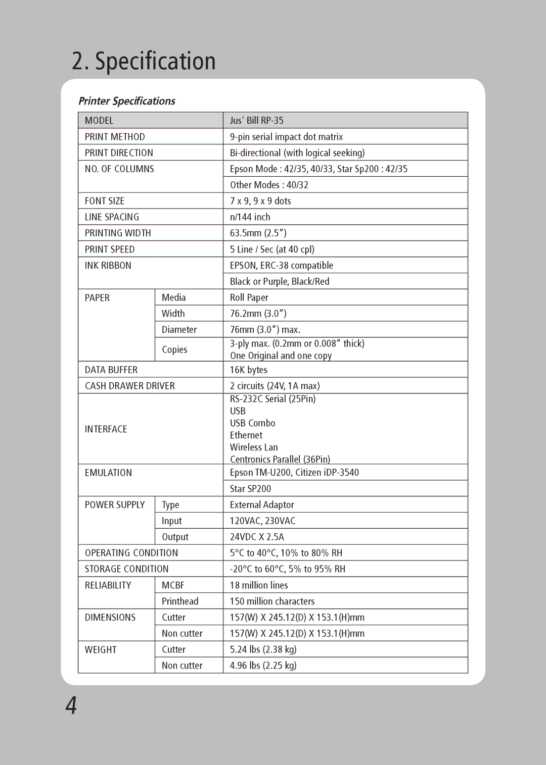 TVS electronic RP-35 specifications Printer Specifications 