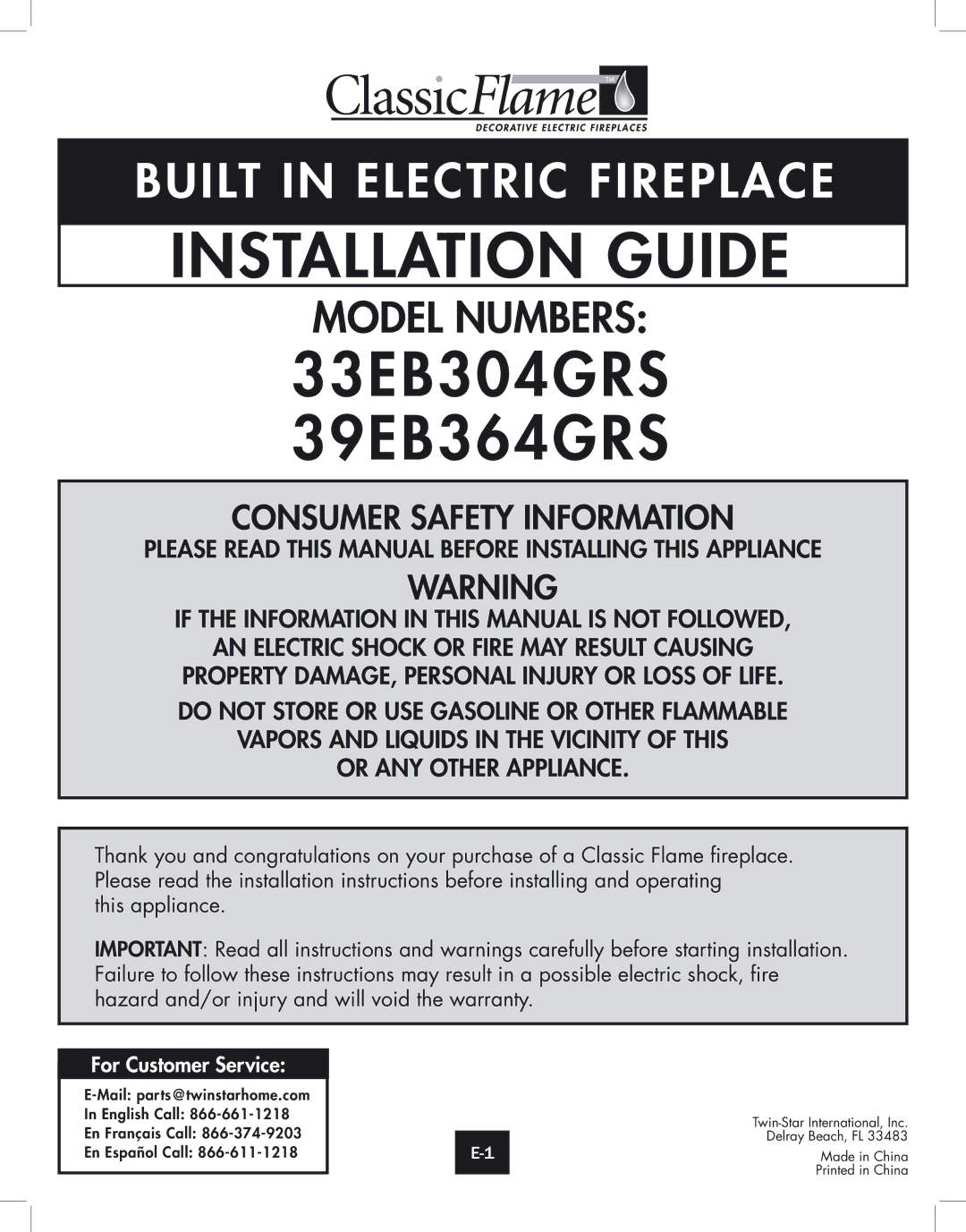 Twin-Star International 39EB364GRS, 33EB304GRS installation instructions Installation Guide 