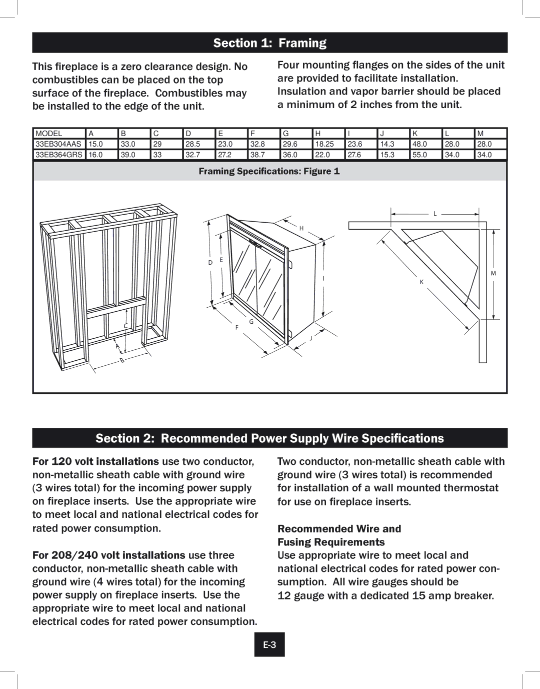 Twin-Star International 39EB364GRS, 33EB304GRS Framing, Recommended Power Supply Wire Specifications 