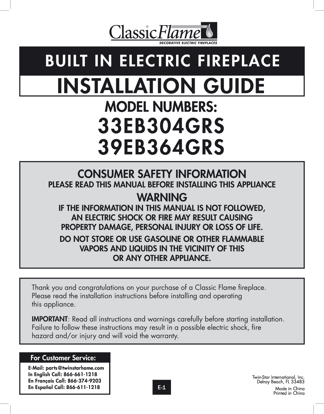 Twin-Star International installation instructions Installation Guide, 33EB304GRS 39EB364GRS, Model Numbers 