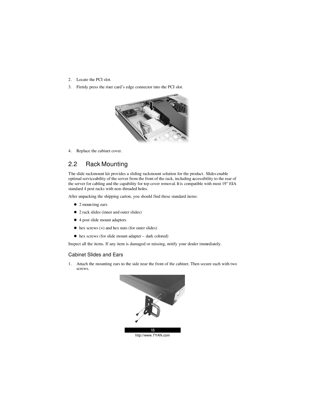 Tyan Computer B2094T15 warranty Rack Mounting, Cabinet Slides and Ears 