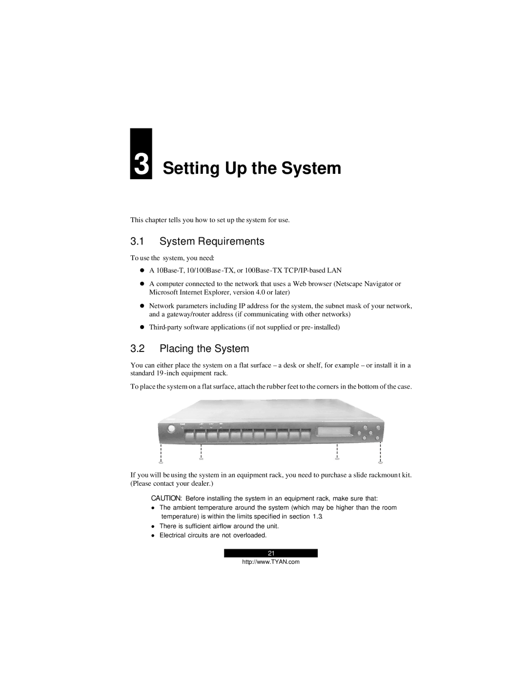 Tyan Computer B2094T15 warranty Setting Up the System, System Requirements, Placing the System 