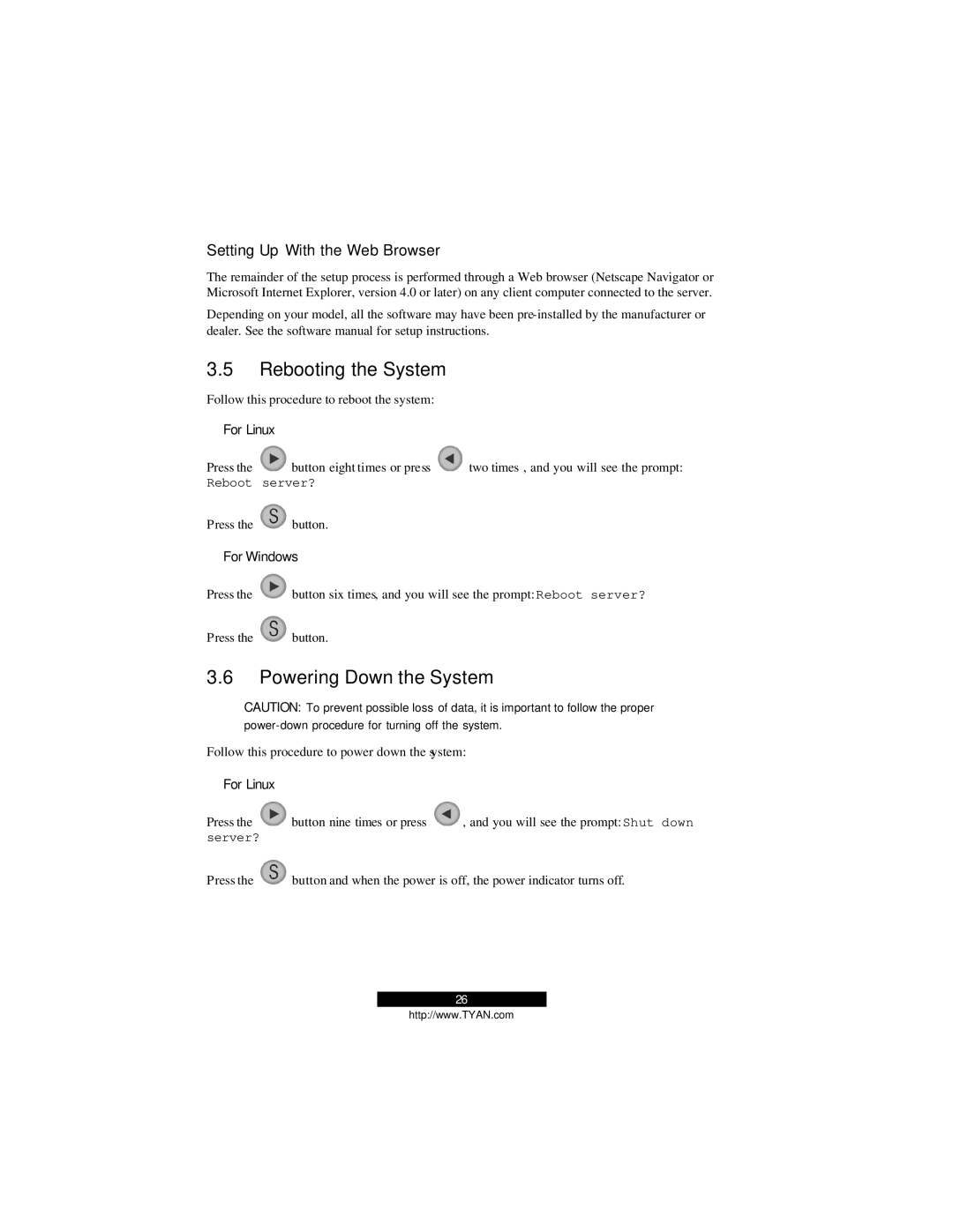 Tyan Computer B2094T15 warranty Rebooting the System, Powering Down the System, Setting Up With the Web Browser 