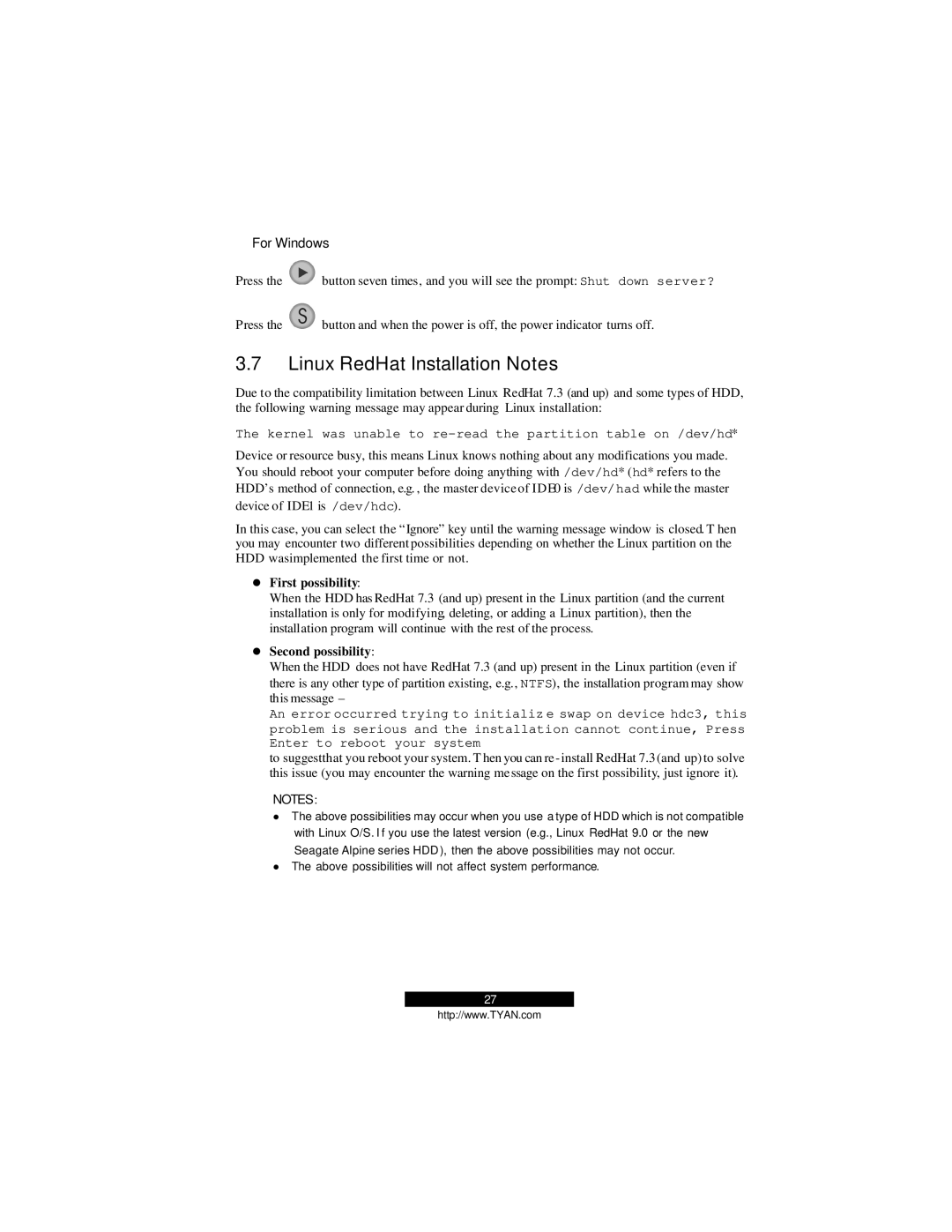 Tyan Computer B2094T15 warranty Linux RedHat Installation Notes, First possibility 