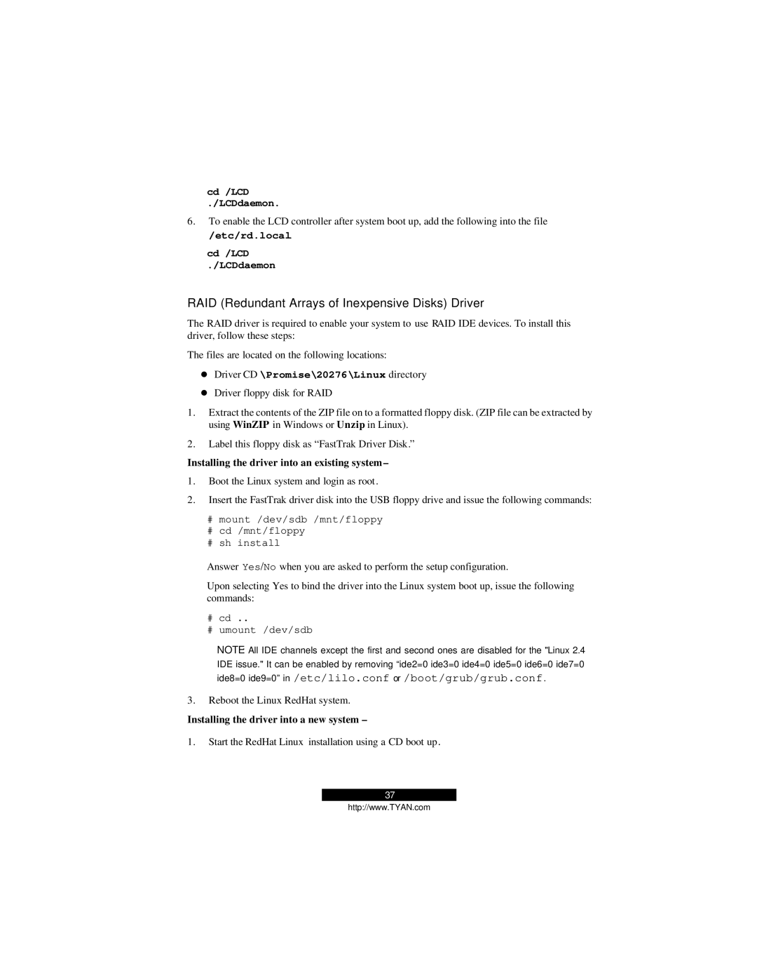 Tyan Computer B2094T15 warranty RAID Redundant Arrays of Inexpensive Disks Driver, Driver CD \Promise\20276\Linux directory 