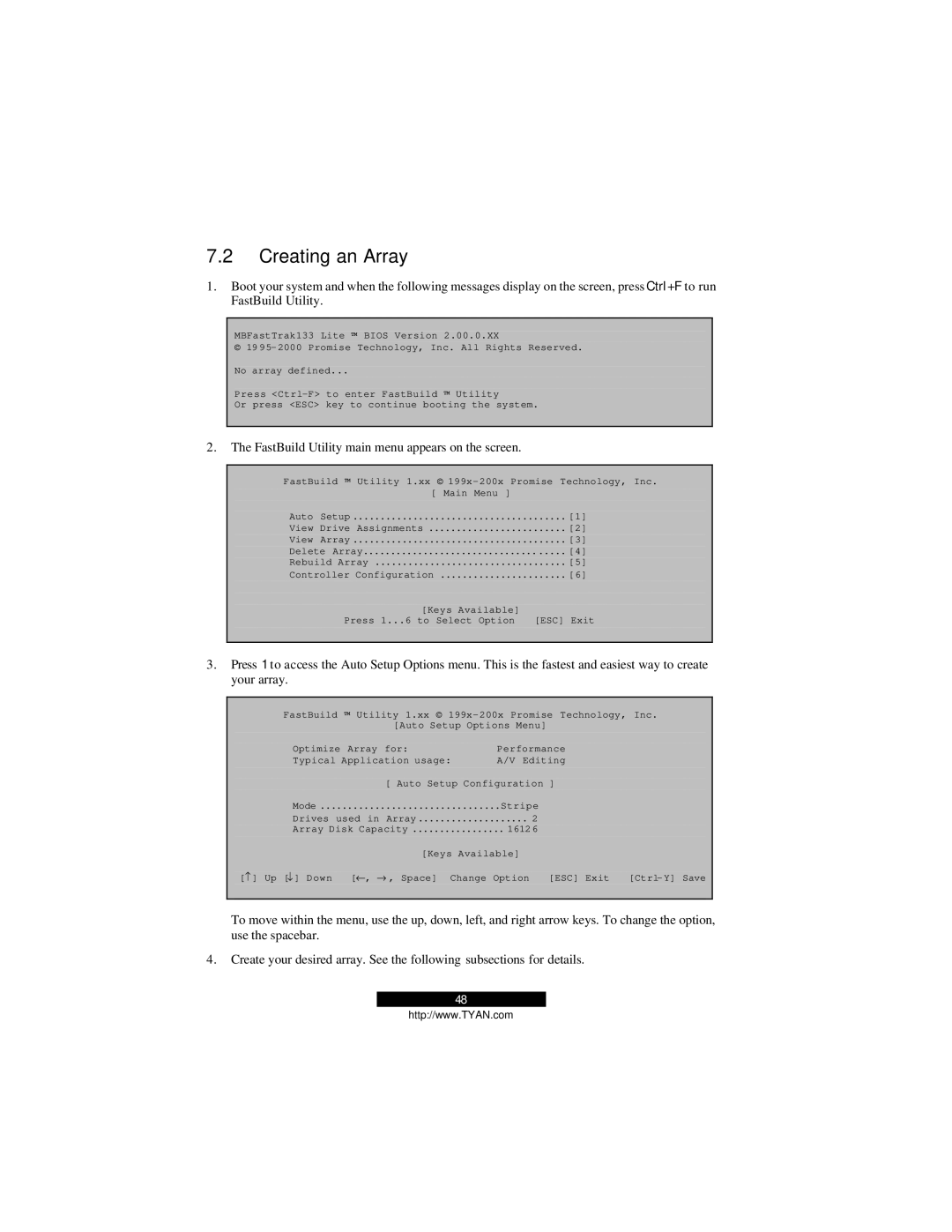 Tyan Computer B2094T15 warranty Creating an Array, FastBuild Utility main menu appears on the screen 