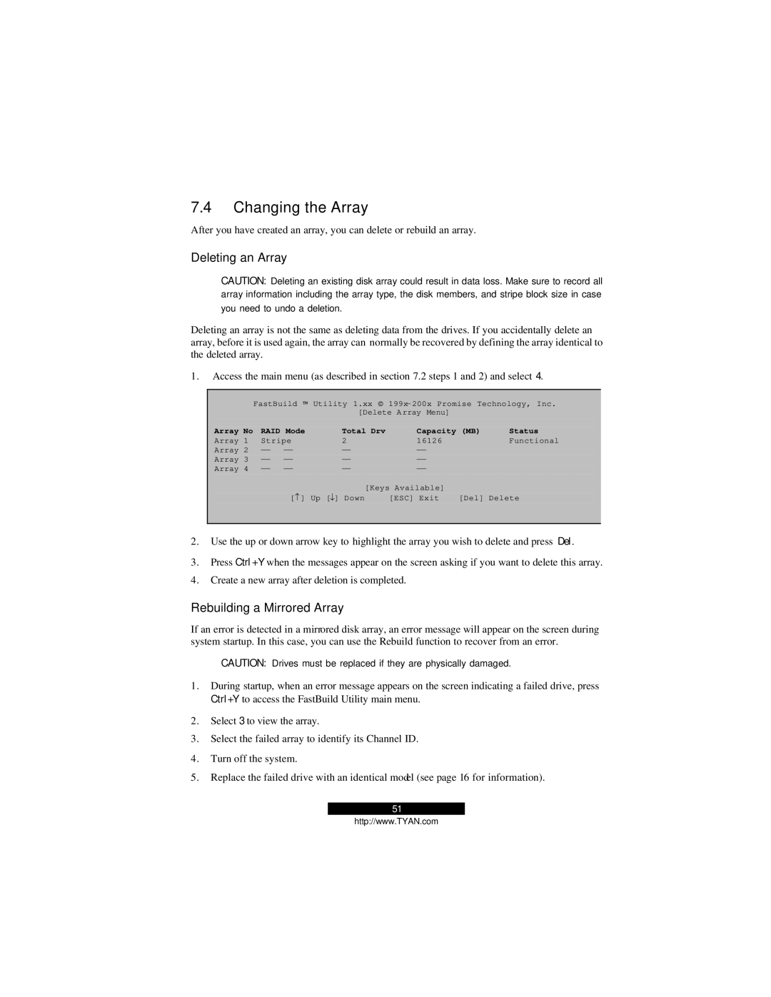 Tyan Computer B2094T15 warranty Changing the Array, Deleting an Array, Rebuilding a Mirrored Array 