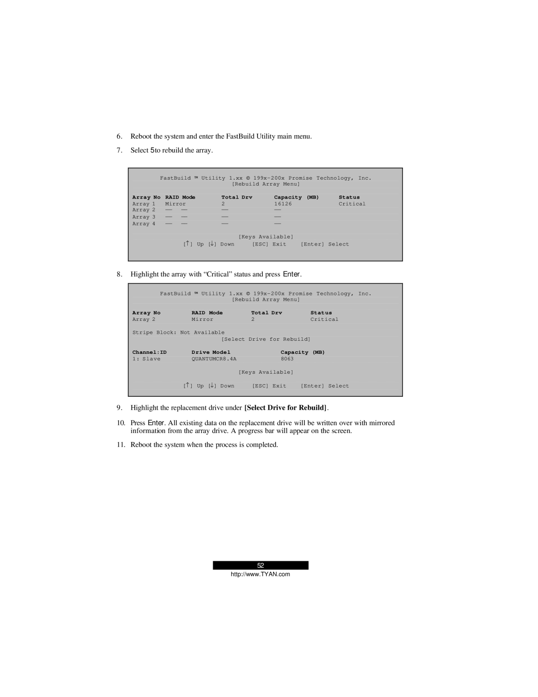 Tyan Computer B2094T15 warranty Highlight the array with Critical status and press Enter 