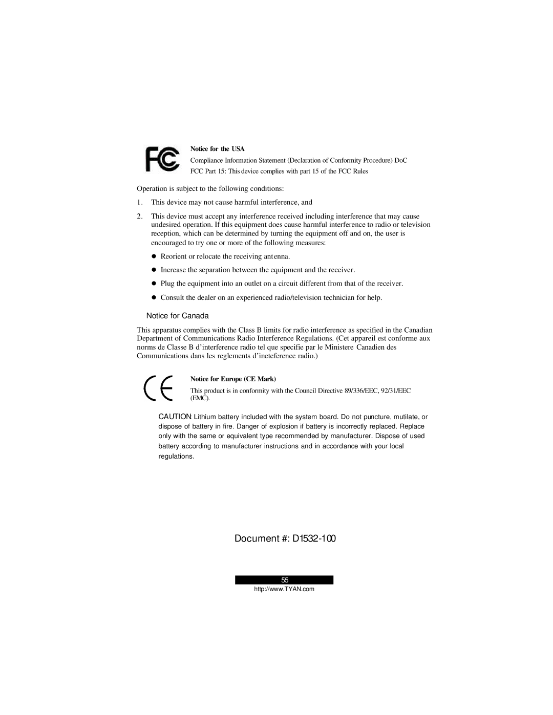 Tyan Computer B2094T15 warranty Document # D1532-100 