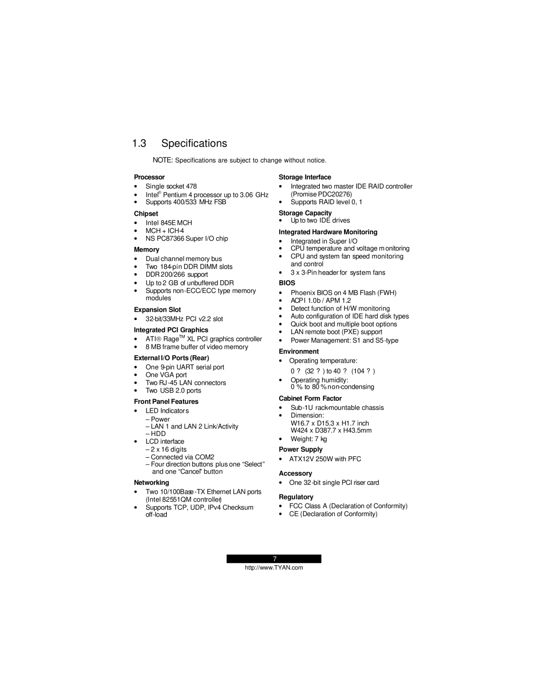 Tyan Computer B2094T15 warranty Specifications, Memory 