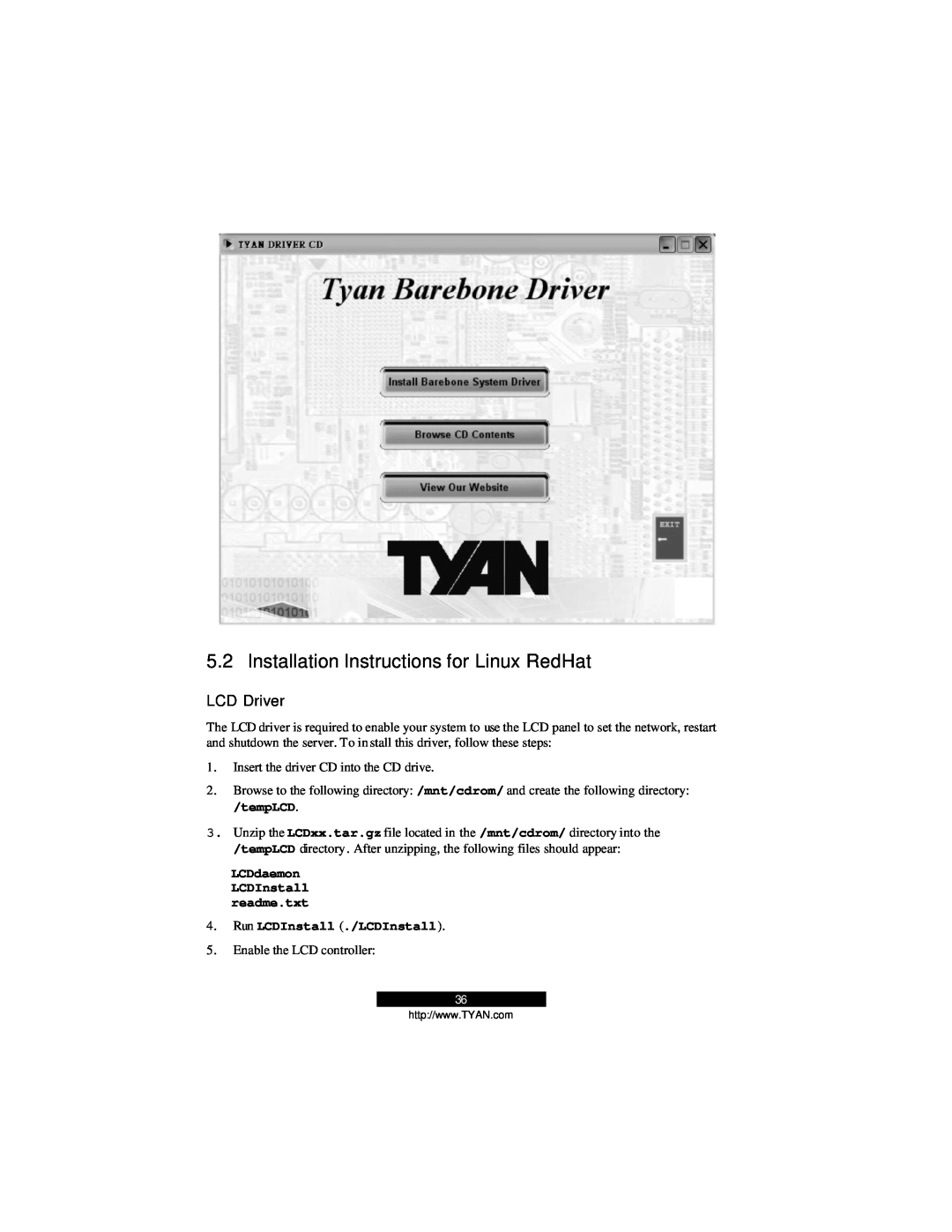 Tyan Computer B2094T15 warranty Installation Instructions for Linux RedHat, LCD Driver, tempLCD 