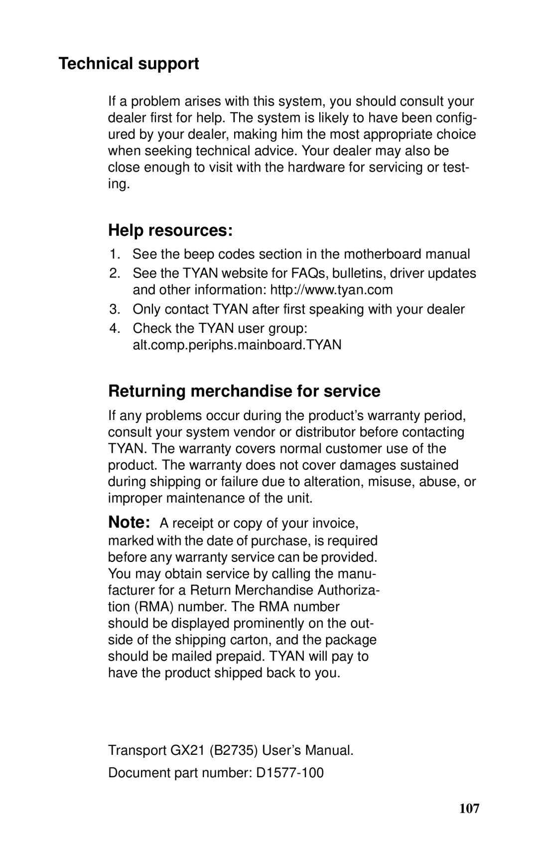 Tyan Computer B2735 user manual Technical support, Help resources, Returning merchandise for service 