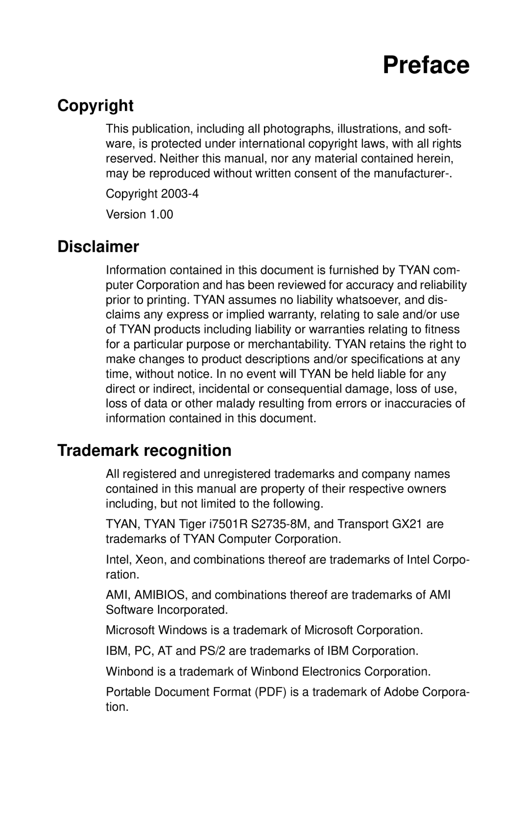 Tyan Computer B2735 user manual Copyright, Disclaimer, Trademark recognition 