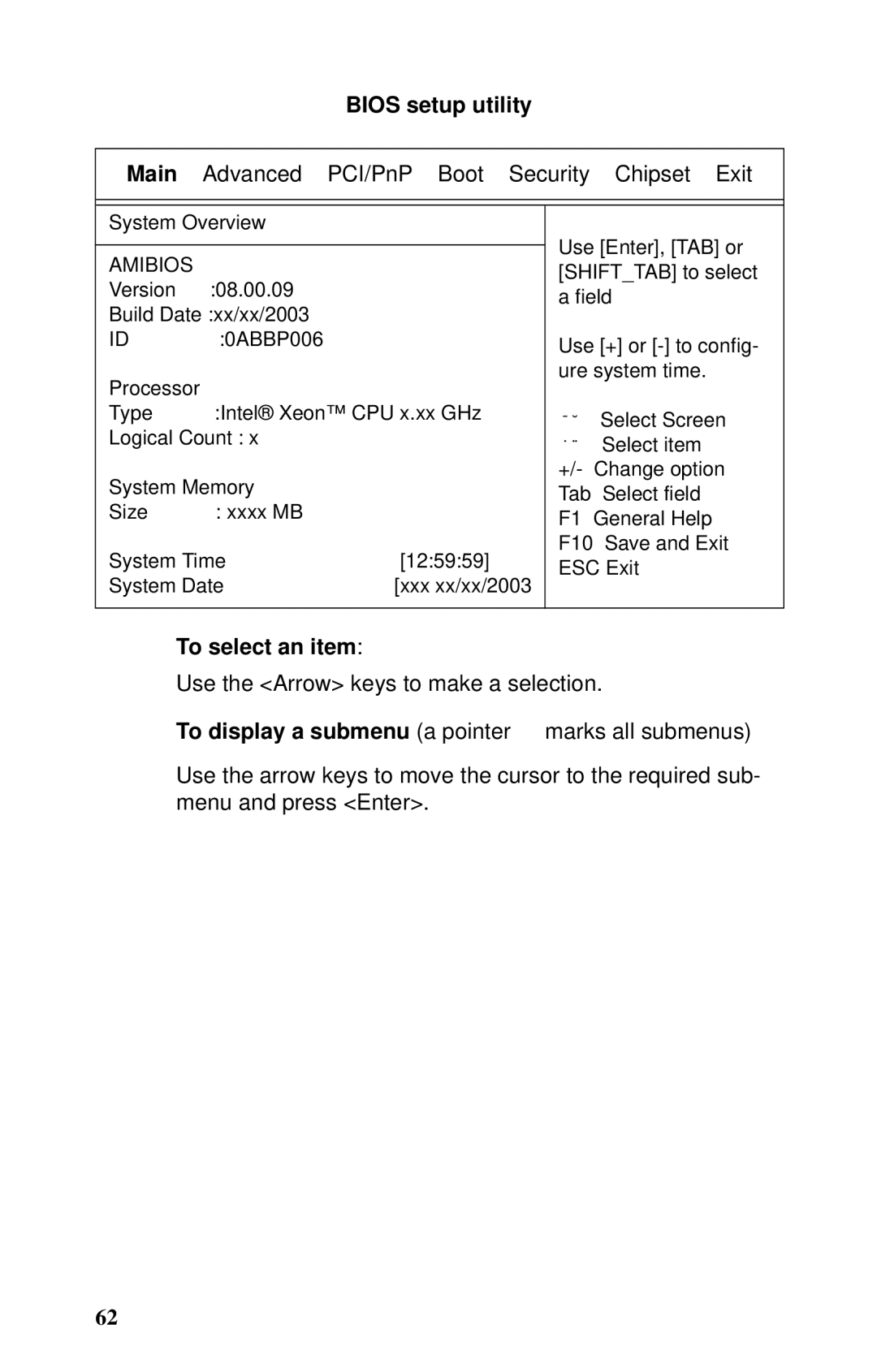 Tyan Computer B2735 user manual Bios setup utility, To select an item 