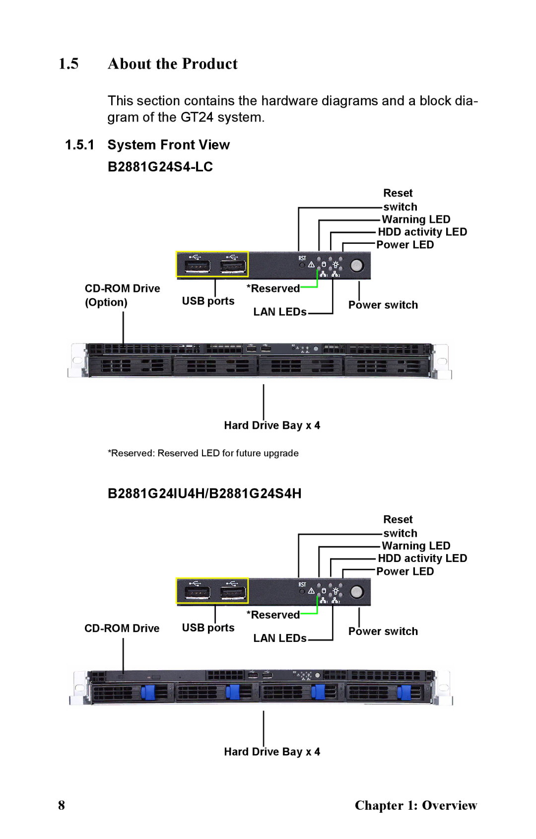 Tyan Computer manual About the Product, System Front View B2881G24S4-LC, B2881G24IU4H/B2881G24S4H 