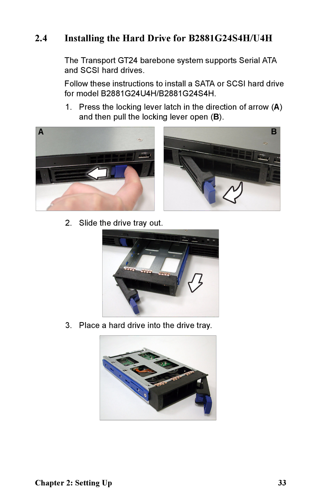 Tyan Computer manual Installing the Hard Drive for B2881G24S4H/U4H 