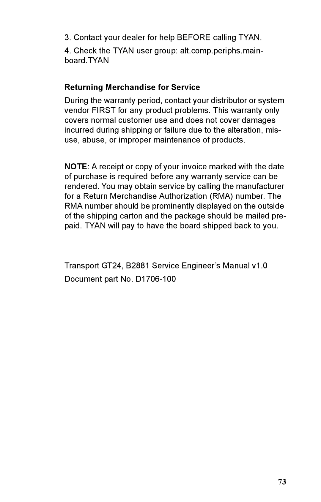 Tyan Computer B2881 manual Returning Merchandise for Service 