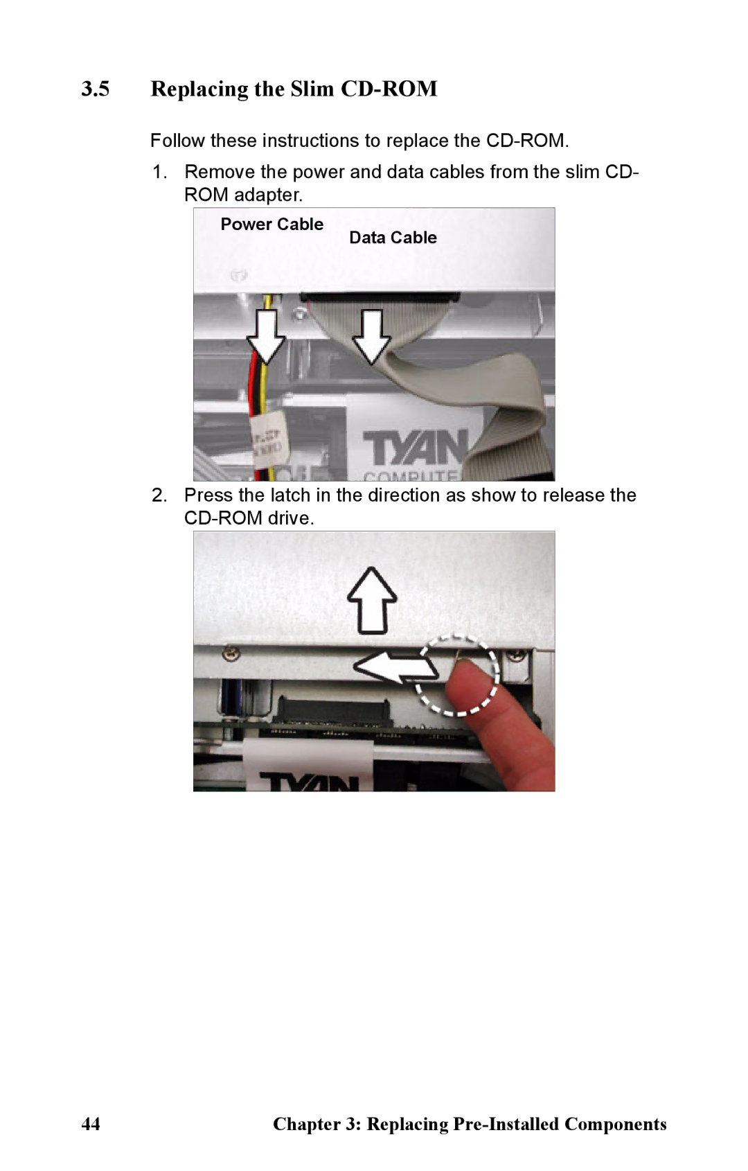 Tyan Computer B2891 manual Replacing the Slim CD-ROM, Power Cable Data Cable 